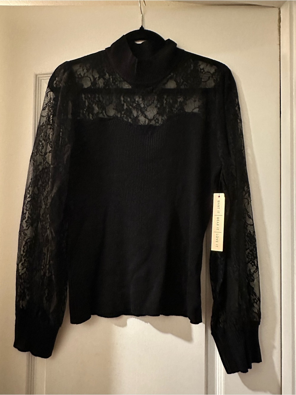 Black Lace-Detail Turtleneck Top - Women
